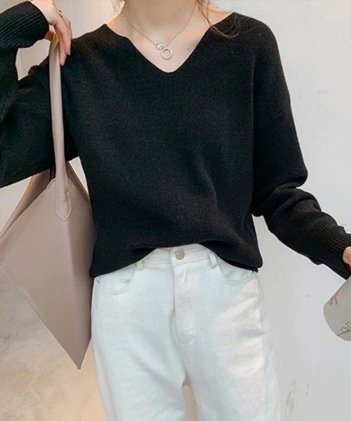 Beststore（ベストストア）の「【9色展開】キーネックニット リブニット キーネック 長袖 ニット レイヤードトップス 袖ボタン　中厚　きれいめカジュアル オフィスカジュアル 秋服 冬服（ニット/セーター・レディース・パープル/ベージュ/ピンク/レッド/ホワイト/ブラウン/ライトベージュ/ブラック/ブルー・FREE）」の12枚目の写真