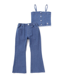 nexchic（ネクシック）の「デニムビスチェｘフレアパンツセットアップ(110~150cm)（セットアップ）」