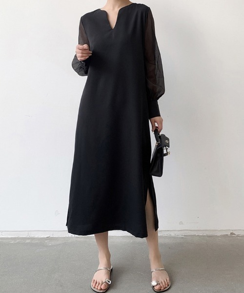 シアースリーブ切替スリット入りロングワンピース（ワンピース