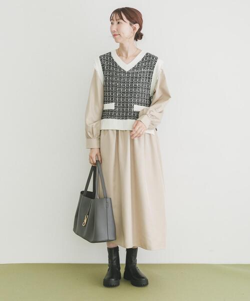 aimeine デザインニットドッキングワンピース フェザートリム配色ドッキングワンピース | ニットワンピース | NOELA