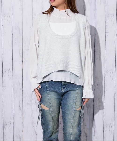 GORGE(ゴージ)の「《ラメ×前後差ヘム》レディース ニットベスト ノースリーブ プルオーバー レイヤード 春秋冬(ベスト・レディース・アイボリー/ブラック/グレー・F)」の5枚目の写真