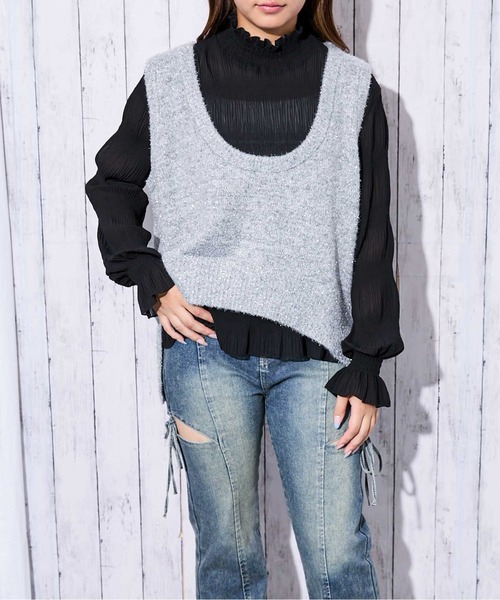 GORGE(ゴージ)の「《ラメ×前後差ヘム》レディース ニットベスト ノースリーブ プルオーバー レイヤード 春秋冬(ベスト・レディース・アイボリー/ブラック/グレー・F)」の12枚目の写真