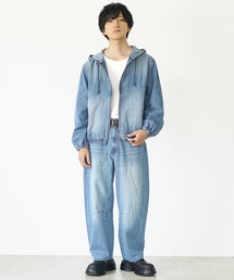 【MinoriTY】ヴィンテージ加工フルジップデニムパーカー+バレルレッグデニムパンツセットアップ