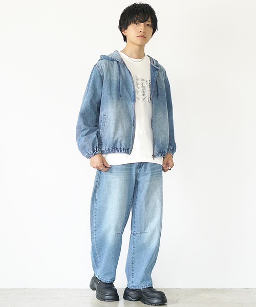 MinoriTY（マイノリティ）の「【MinoriTY】ヴィンテージ加工フルジップデニムパーカー+バレルレッグデニムパンツセットアップ（セットアップ・メンズ・ブラック/ライトブルー/ライトグレー・M/L/LL）」の4枚目の写真