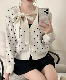 STAY MOTION | ドット柄Vネックカーディガン［韓国ファッション ガーリー リボン］≪AW新作≫(カーディガン/ボレロ)