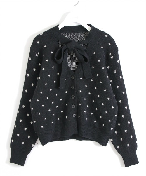 STAY MOTION（ステイモーション）の「ドット柄Vネックカーディガン［韓国ファッション ガーリー リボン］≪AW新作≫（カーディガン/ボレロ・レディース・ブラック/アイボリー・F）」の7枚目の写真
