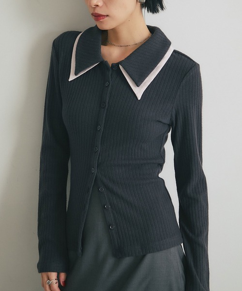ARVELLIA(アルベリア)の「DOUBLE COLLAR RIB KNIT(Tシャツ/カットソー・レディース・カーキ/ダークグレー・M)」の1枚目の写真