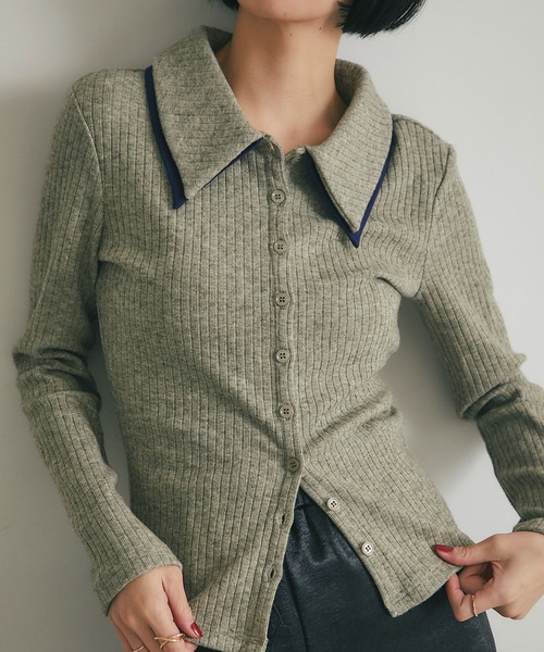 ARVELLIA(アルベリア)の「DOUBLE COLLAR RIB KNIT(Tシャツ/カットソー・レディース・カーキ/ダークグレー・M)」の12枚目の写真