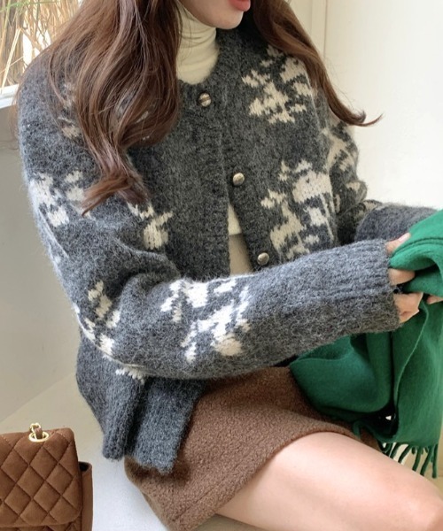Vipoa(ヴィポア)の「Fair Isle flower knit cardigan(カーディガン/ボレロ・レディース・グリーン系その他/グレー・FREE)」の1枚目の写真