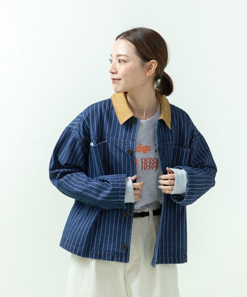 PAR ICI（パーリッシィ）の「13ozデニム/ヒッコリー カバーオール（デニムジャケット・レディース・ストライプ/ネイビー・FREE）」の4枚目の写真