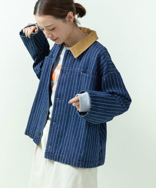 PAR ICI（パーリッシィ）の「13ozデニム/ヒッコリー カバーオール（デニムジャケット・レディース・ストライプ/ネイビー・FREE）」の5枚目の写真