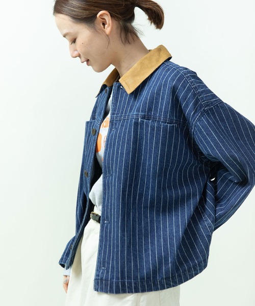 PAR ICI（パーリッシィ）の「13ozデニム/ヒッコリー カバーオール（デニムジャケット・レディース・ストライプ/ネイビー・FREE）」の6枚目の写真
