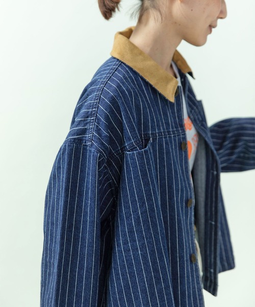 PAR ICI（パーリッシィ）の「13ozデニム/ヒッコリー カバーオール（デニムジャケット・レディース・ストライプ/ネイビー・FREE）」の8枚目の写真