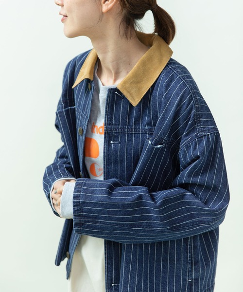 PAR ICI（パーリッシィ）の「13ozデニム/ヒッコリー カバーオール（デニムジャケット・レディース・ストライプ/ネイビー・FREE）」の7枚目の写真
