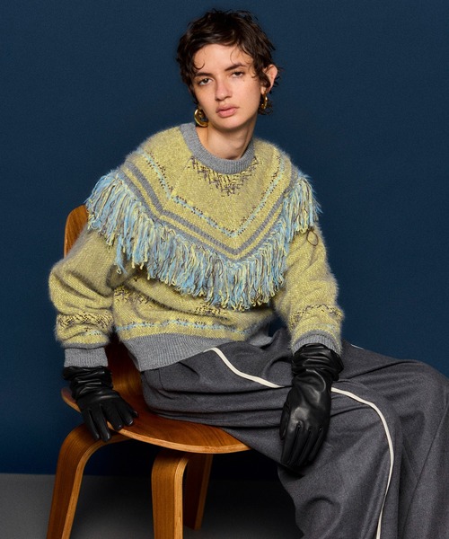 MAISON SPECIAL(メゾンスペシャル)の「Fringe Feather Knit / フリンジフェザーニット(ニット/セーター・レディース・ボルドー/グレー・FREE)」の1枚目の写真