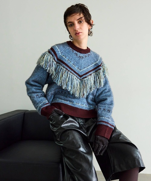 MAISON SPECIAL(メゾンスペシャル)の「Fringe Feather Knit / フリンジフェザーニット(ニット/セーター・レディース・ボルドー/グレー・FREE)」の5枚目の写真