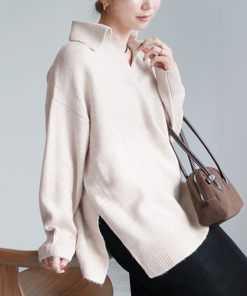 reca（レカ）の「襟付きスキッパーニット（ニット/セーター・レディース・グレイッシュベージュ/オートミール/ネイビー・FREE）」の4枚目の写真