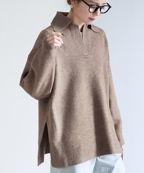 reca（レカ）の「襟付きスキッパーニット（ニット/セーター・レディース・グレイッシュベージュ/オートミール/ネイビー・FREE）」の10枚目の写真