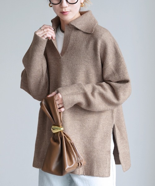 reca（レカ）の「襟付きスキッパーニット（ニット/セーター・レディース・グレイッシュベージュ/オートミール/ネイビー・FREE）」の15枚目の写真