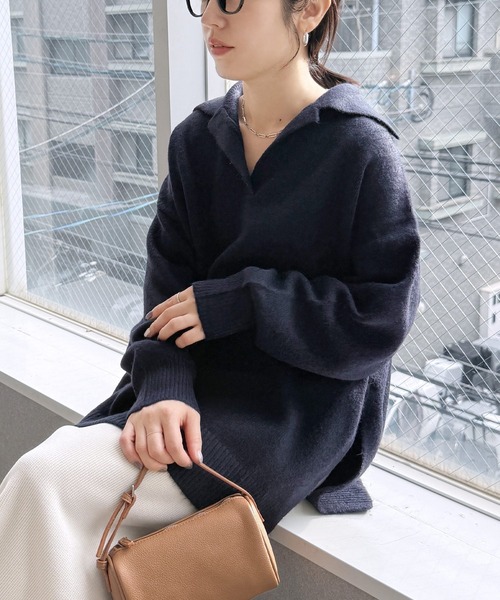 reca（レカ）の「襟付きスキッパーニット（ニット/セーター・レディース・グレイッシュベージュ/オートミール/ネイビー・FREE）」の8枚目の写真