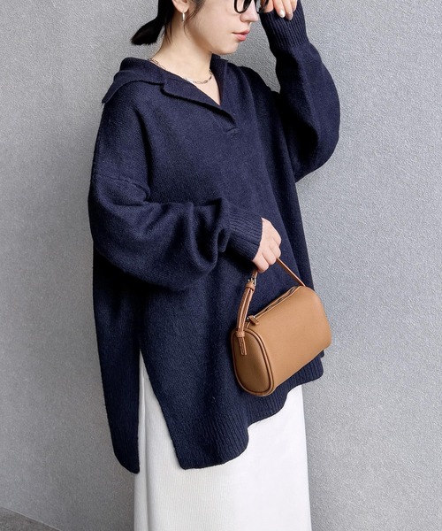 reca（レカ）の「襟付きスキッパーニット（ニット/セーター・レディース・グレイッシュベージュ/オートミール/ネイビー・FREE）」の7枚目の写真