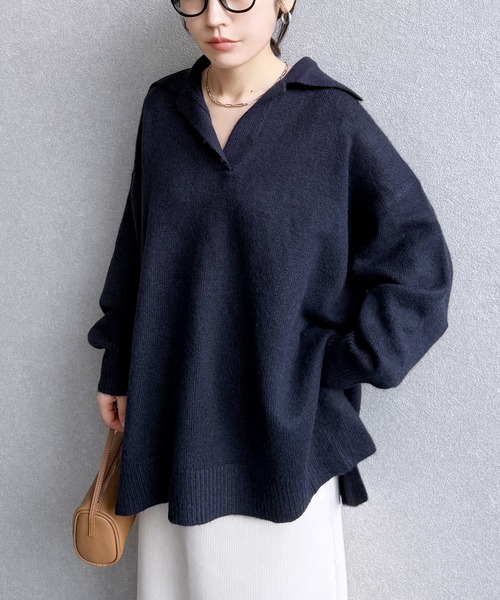 reca（レカ）の「襟付きスキッパーニット（ニット/セーター・レディース・グレイッシュベージュ/オートミール/ネイビー・FREE）」の9枚目の写真