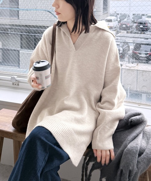reca（レカ）の「襟付きスキッパーニット（ニット/セーター・レディース・グレイッシュベージュ/オートミール/ネイビー・FREE）」の13枚目の写真