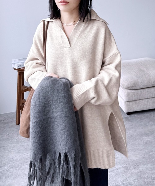 reca（レカ）の「襟付きスキッパーニット（ニット/セーター・レディース・グレイッシュベージュ/オートミール/ネイビー・FREE）」の12枚目の写真