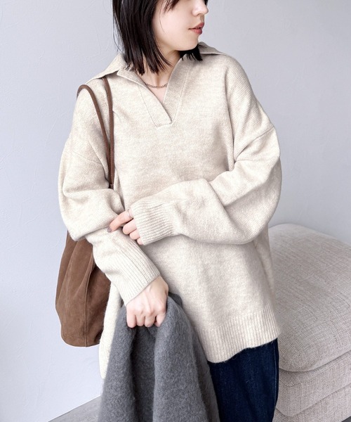 reca（レカ）の「襟付きスキッパーニット（ニット/セーター・レディース・グレイッシュベージュ/オートミール/ネイビー・FREE）」の11枚目の写真