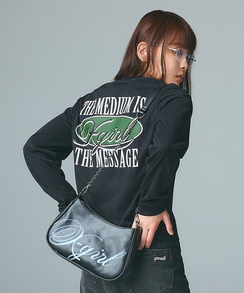 X-girl（エックスガール）の「OVAL LOGO AND MESSAGE L/S TEE（Tシャツ/カットソー・レディース・ブラック/ホワイト/オリーブ・S/M/L）」の5枚目の写真