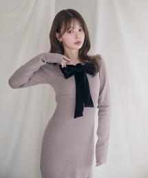2way velour ribbon mini knit onepiece / 2way ベロアリボンミニニットワンピース