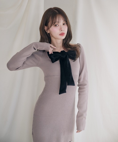2way velour ribbon mini knit onepiece / 2way ベロアリボンミニ
