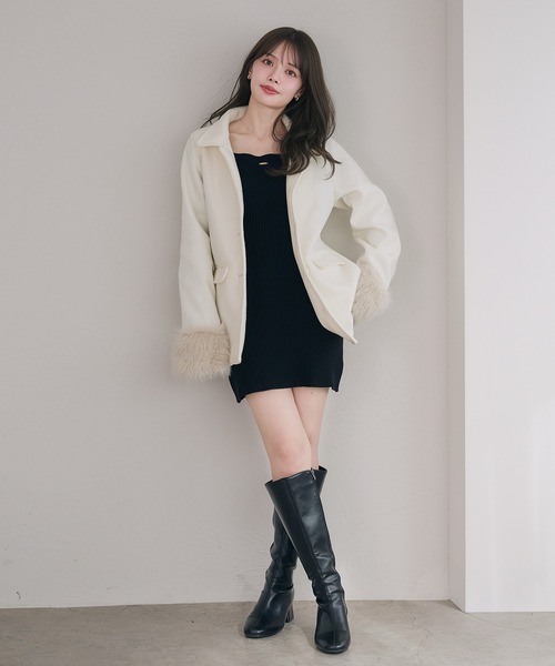 fupel(フぺル)の「2way velour ribbon mini knit onepiece / 2way ベロアリボンミニニットワンピース(ワンピース・レディース・ブラック/グレイッシュベージュ・FREE)」の6枚目の写真