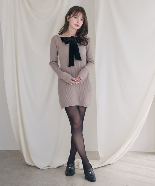 fupel(フぺル)の「2way velour ribbon mini knit onepiece / 2way ベロアリボンミニニットワンピース(ワンピース・レディース・ブラック/グレイッシュベージュ・FREE)」の16枚目の写真