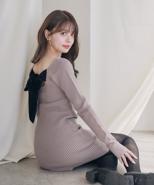 セール】2way velour ribbon mini knit onepiece / 2way ベロアリボン