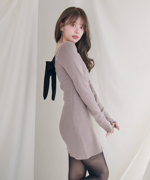 fupel(フぺル)の「2way velour ribbon mini knit onepiece / 2way ベロアリボンミニニットワンピース(ワンピース・レディース・ブラック/グレイッシュベージュ・FREE)」の14枚目の写真