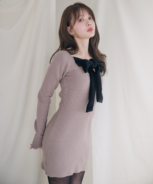 fupel(フぺル)の「2way velour ribbon mini knit onepiece / 2way ベロアリボンミニニットワンピース(ワンピース・レディース・ブラック/グレイッシュベージュ・FREE)」の9枚目の写真