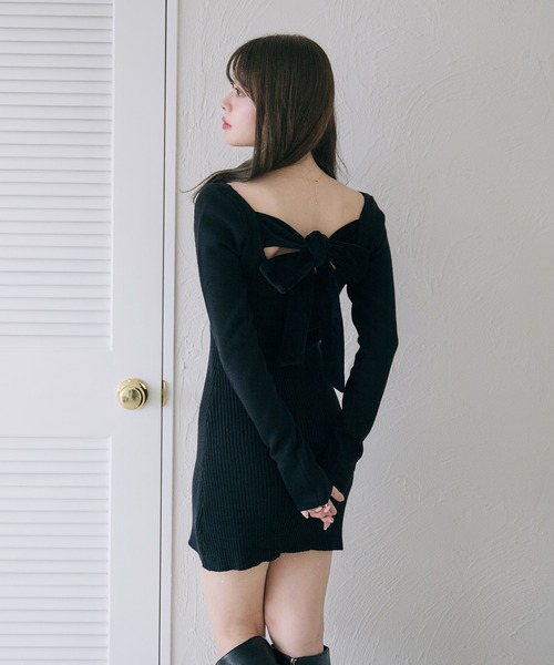 2way velour ribbon mini knit onepiece / 2way ベロアリボンミニ