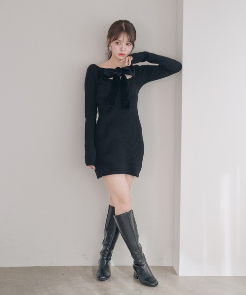 2way velour ribbon mini knit onepiece / 2way ベロアリボンミニ