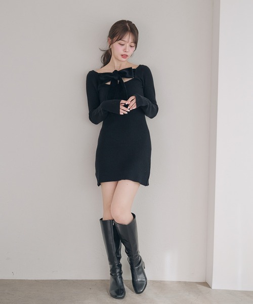 2way velour ribbon mini knit onepiece / 2way ベロアリボンミニ