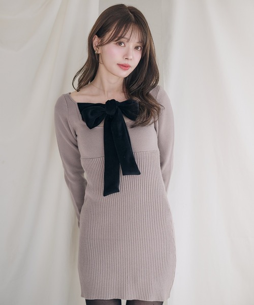 セール】2way velour ribbon mini knit onepiece / 2way ベロアリボン