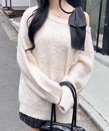肩リボンワンショルシャギーチュニックニット