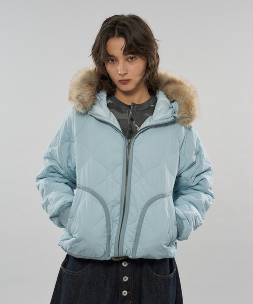 セール】【 3color/ 3size 】2WAY DRAW CODE QUILTING FAKE FUR HOOD