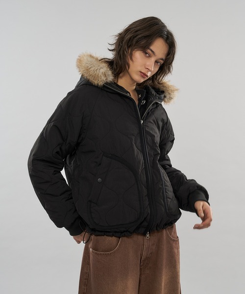 セール】【 3color/ 3size 】2WAY DRAW CODE QUILTING FAKE FUR HOOD