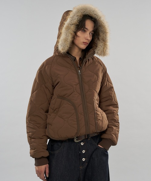 3color/ 3size 】2WAY DRAW CODE QUILTING FAKE FUR HOOD JACKET