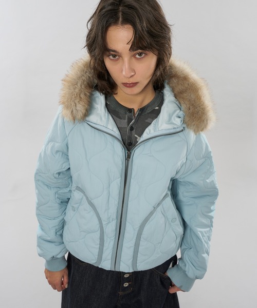 セール】【 3color/ 3size 】2WAY DRAW CODE QUILTING FAKE FUR HOOD