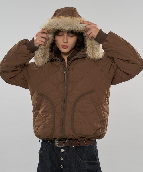 セール】【 3color/ 3size 】2WAY DRAW CODE QUILTING FAKE FUR HOOD