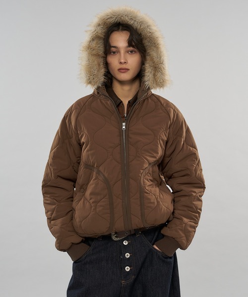 セール】【 3color/ 3size 】2WAY DRAW CODE QUILTING FAKE FUR HOOD 