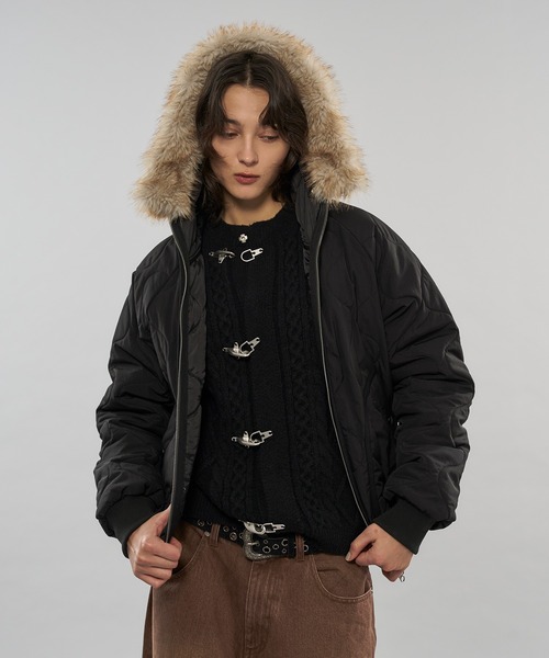 WISH FOR EVER（ウィッシュフォーエバー）の「【 3color/ 3size 】2WAY DRAW CODE QUILTING FAKE FUR HOOD JACKET（ブルゾン・メンズ・ブラック/カーキ/ライトブルー・MEDIUM/SMALL/LARGE）」の15枚目の写真