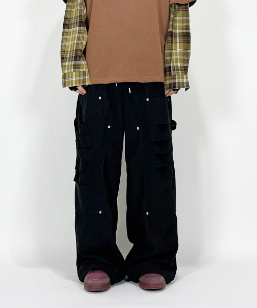 Cut Off Carpenter Corduroy Wide Pants ((Black))
